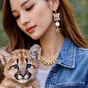 Mountain lion cougar cub handpainted earrings flower bumblebee silver wires OOAK